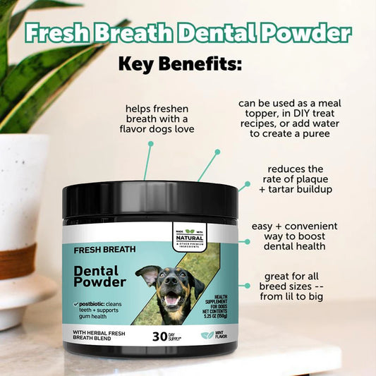 Dog Dental Powder Breath Freshener for Teeth Cleaning, Plaque & Tartar Remover – Kelp & Mint Dental Care for Dogs