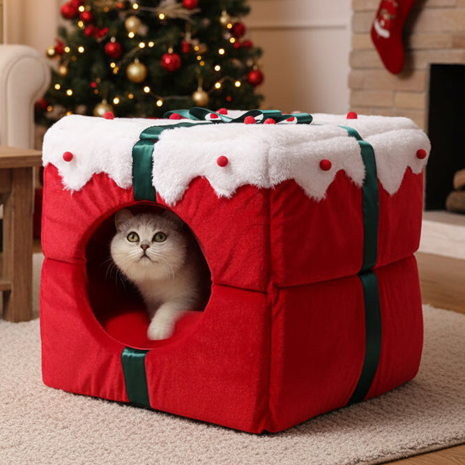 BLITZENNAP – Semi-closed dog and cat bed with Christmas motif and non-slip bottom
